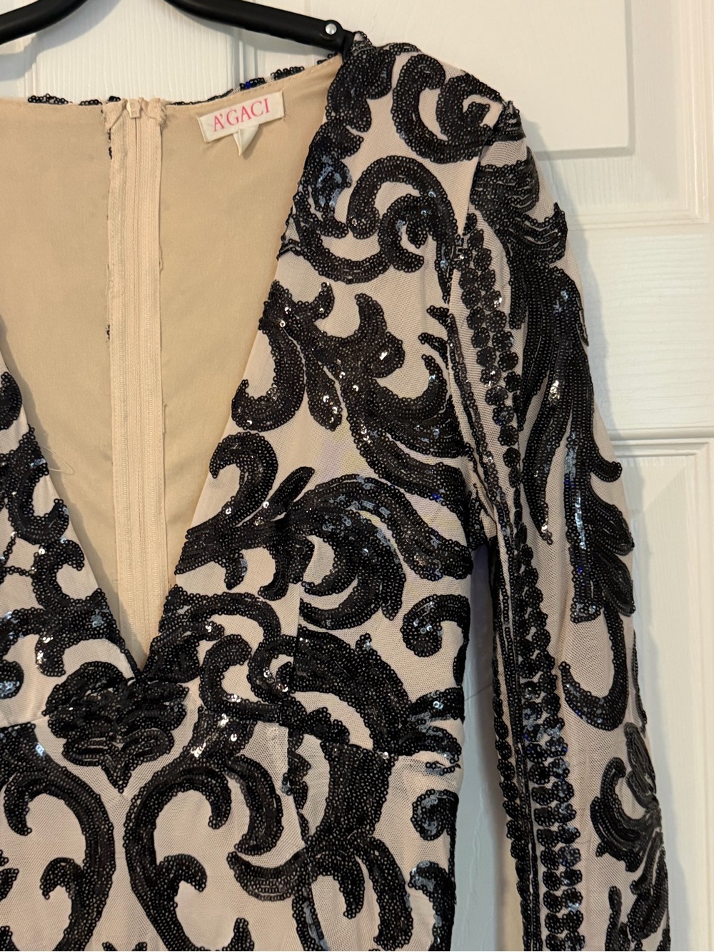 a'gaci Black and Cream Deep V Sequin Embellished Split Maxi Dress - Picture 5 of 13